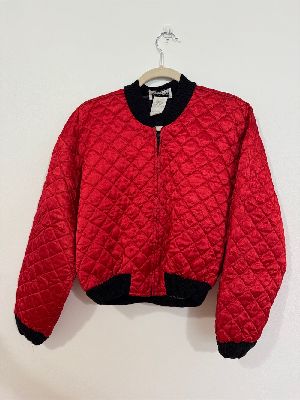 Women's Red Quilted Bomber Jacket with Black Trim